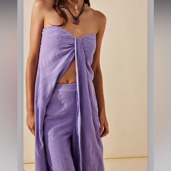 Free People Banita Pant Set Linen Cotton Split Top Wide Leg High-Waisted Purple - Picture 3 of 12